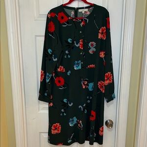 LOFT Dark Green Floral Long Sleeve Dress